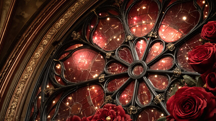 Gothic Rose Window with Red Stained Glass and Roses
