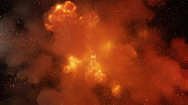 Abstract illustration of orange explosion on dark background with fiery smoke and glowing particles