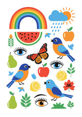 Colorful illustration of nature elements including birds, fruits, and a rainbow.