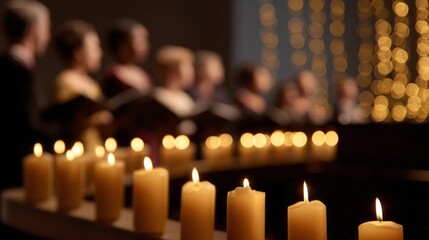 Dimly lit candles flicker serenely as a multicultural choir sings, evoking tranquil solace during Winter Solstice and Hanukkah