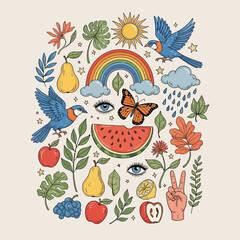 Groovy collection of retro nature and peace symbols.