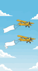 Two yellow propeller planes flying with blank banners for custom messages.
