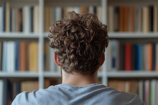 A person from the back views bookshelf, curly hair. Back view of an individual in a library. Focus on the books. Books symbolize knowledge, imagination, escape, and inspiration.