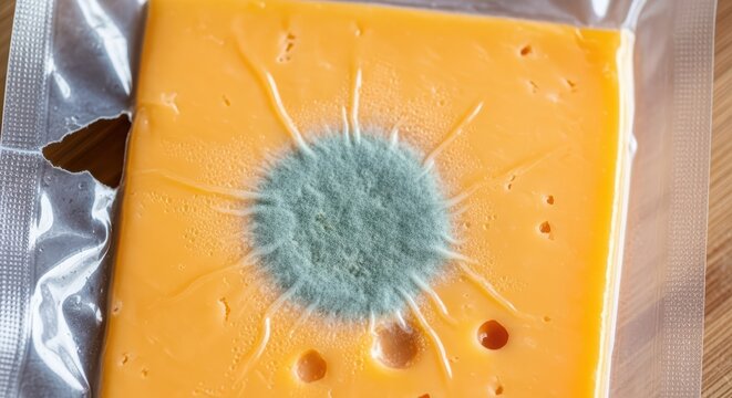 Moldy block of cheese in open packaging on wooden surface