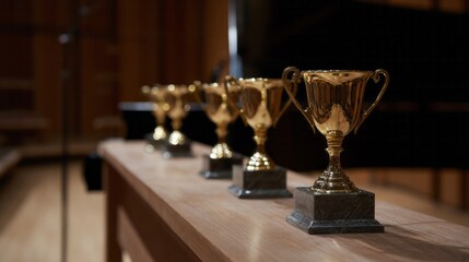 Golden trophies shimmer in the dim light, evoking a paradoxical solitude of victory, reminiscent of Achievement Day and Pi Approximation Day