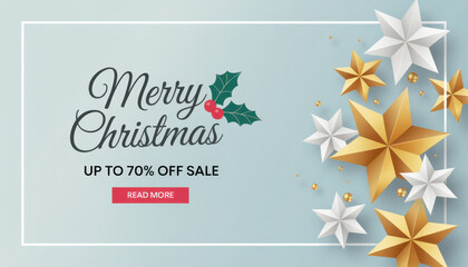 Festive Christmas sale banner with gold and silver stars elegant holiday vector design for marketing promotions