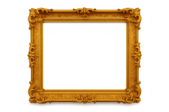 Gold ornate decorative frame with baroque rococo style design, vintage border, transparent background