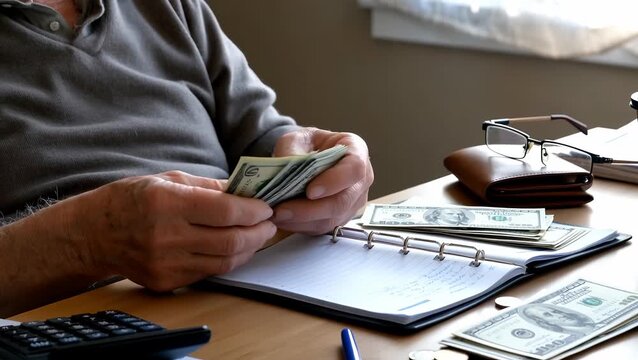 Elderly Male Counting Cash at Desk