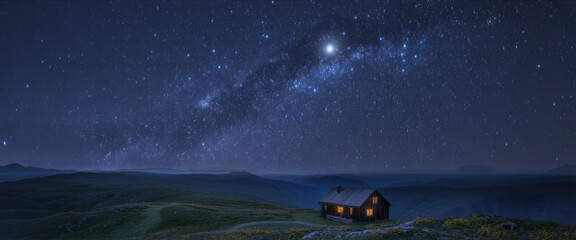 Cozy cabin under a starry night sky illuminated windows a peaceful landscape for travel and adventure concepts