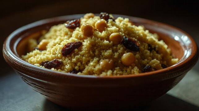 Warm, savory couscous adorned with chickpeas and raisins evokes Moroccan Yennayer, golden grains in earthenware embrace cultural vibrance