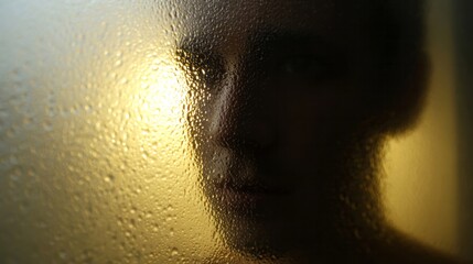 Through steamy glass, a mysterious silhouette of a contemplative, young Asian male evokes Ghost Festival intrigue and quiet introspection