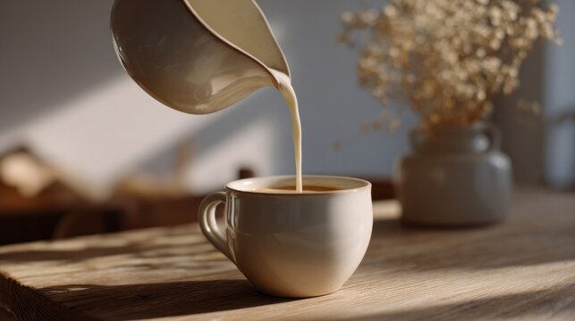 Pouring creamy elixir into ceramic mug, morning tranquility, hygge warmth, International Coffee Day, autumnal equinox cozy ritual