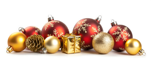 Festive Christmas ornaments and a gift arranged on a white background perfect for holiday promotions