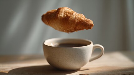 Floating croissant over coffee cup, breakfast magic, cultural pastry celebration, gravity-defying brunch vibes, European teatime whimsy