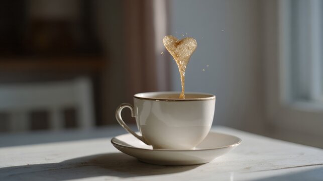 Heart-shaped golden splash in delicate teacup, enchanting morning ritual, World Gratitude Day, cozy autumnal warmth, ethereal elegance