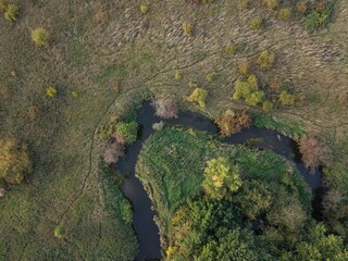 Drone photo above River Ray at  Mouldon Hill Country park Swindon, England