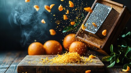 Orange zest scatter cascading through air onto wooden cutting board fresh oranges box grater culinary kitchen food preparation dynamic motion photography