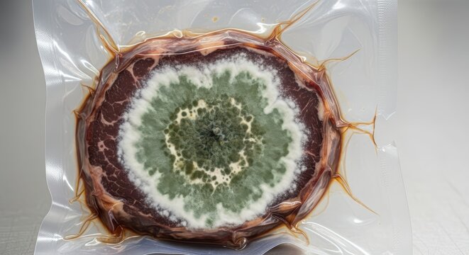 Moldy packaged meat slice with green and white fungal growth