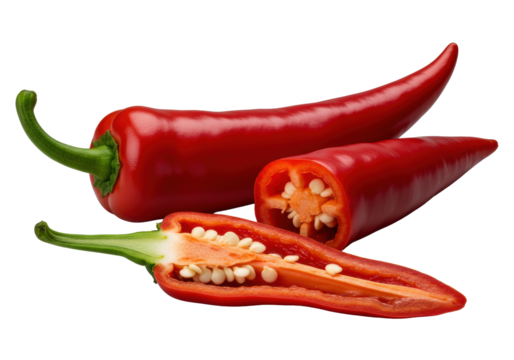 Extreme macro close-up of red chili peppers: whole with green stem, and cut showing white placenta, plump seeds, juicy flesh on transparent, commercial food concept