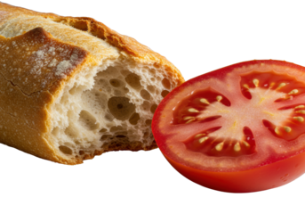 Ultra-macro close-up of torn baguette with golden crust and airy interior, next to sliced red tomato, isolated on gray, pristine culinary detail and natural freshness