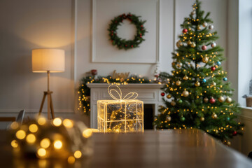 Christmas living room with decorated tree and fireplace glowing gift box holiday home interior for festive season