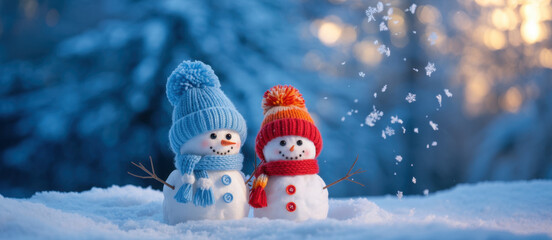 Two cute snowmen wearing hats and scarves standing in the snow perfect for winter holiday concepts