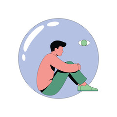 A person is enclosed within a transparent bubble, symbolizing isolation and introspection.