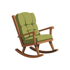 Obraz premium A comfortable wooden rocking chair with green cushions sits waiting.