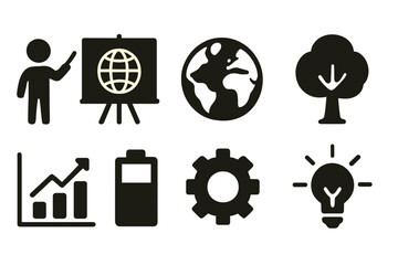 Education and environment solid icon set. Learning, sustainability icons collection.