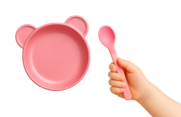 kids hand with pink spoon and plate
