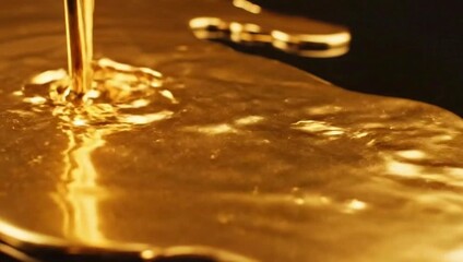 Elegant flowing metallic gold liquid on deep black surface, shimmering reflections, smooth slow motion, luxurious style, seamless loop, cinematic - Powered by Adobe