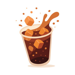 Iced coffee cup with splashing drink and ice cubes. Refreshing cold coffee vector illustration in flat style isolated on white background.