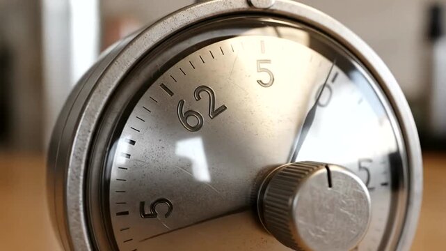 Close-up of a vintage metallic timer displaying seconds, set against a blurred kitchen backdrop