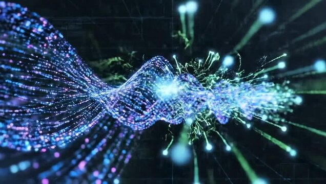 Flowing stream of glowing particles forming abstract digital lines and data waves, dark cyber background, futuristic tech atmosphere, seamless motio