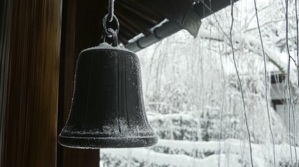 Obraz premium Frosted temple bell quietly suspended in a serene winter garden landscape after snowfall