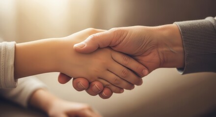 Close-up of a handshake between a child and adult showing trust and connection