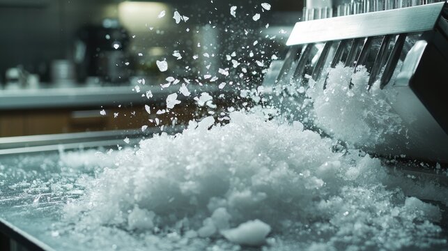 Ice crushing machine professional action crushed ice fragments flying air mid-motion stainless steel blades spinning high speed particle spray kitchen setting