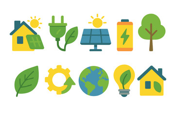 Eco-friendly energy flat icon set. Renewable resources, sustainability icons collection