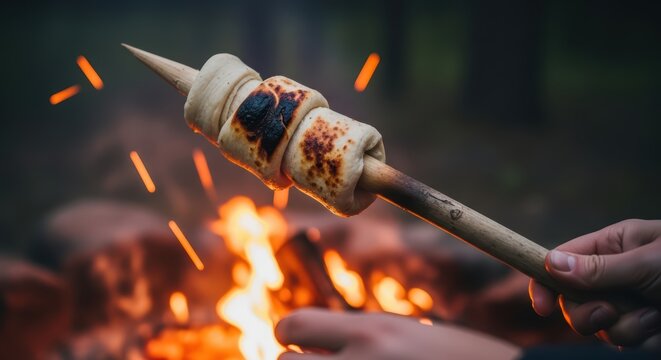 Roasting dough over campfire flames: outdoor cooking adventure