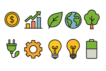 Eco-friendly green energy icon set. Sustainable, renewable energy icons flat style