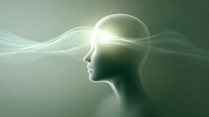 Obraz premium Abstract human head profile with glowing green energy stream symbolizing thought and mindfulness
