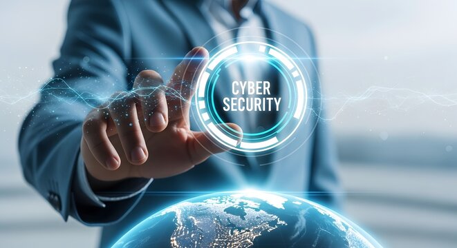 A businessman is pressing a cyber security button on a virtual screen, with a globe and digital network in the background, symbolizing data protection
