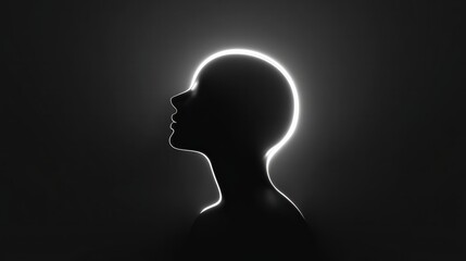 Minimal human head silhouette with glowing white neon outline on dark background