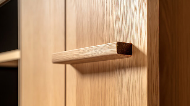 Close-up of a modern wooden cabinet door with a sleek, rectangular handle, showcasing the warm tones and natural wood grain. Minimalist design meets rustic texture.