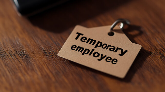 A close-up shows a key tag with the words "Temporary Employee" printed in black. The tag has a hole at the top with a metal ring, sitting on a wooden desk.