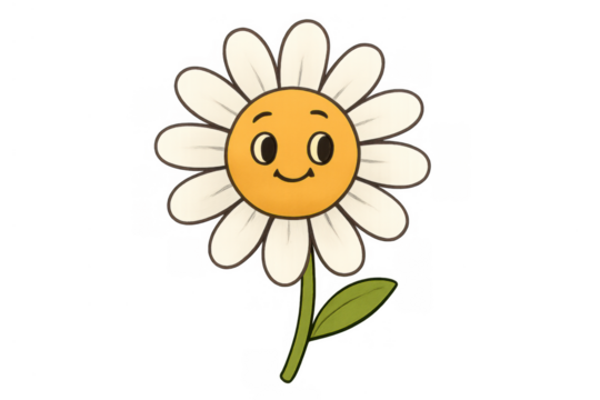 Daisy cartoon character with a happy smiling face, representing innocence, joy, and nature, transparent background