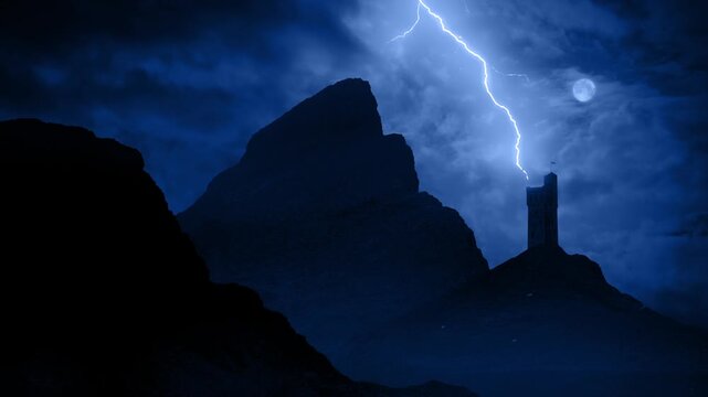 Lightning Strikes Castle At Night Fantasy Scene