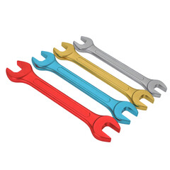 Set of colorful combination wrenches lying on a plain surface
