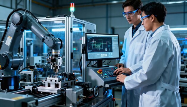 Medium shot of engineers testing adaptive reinforcement learning applications on smart manufacturing equipment for dynamic decisionmaking.