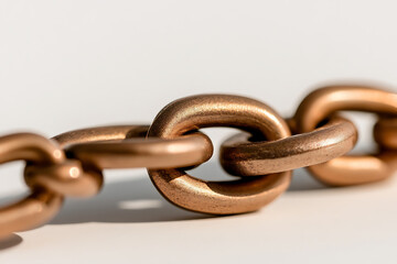 Obraz premium Close-up of interlocking copper chain links against a white background. The simple composition highlights the chain's form, texture, and metallic luster in a minimalist view.